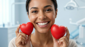 Paciente con sonrisa sana y corazón contento tras revisión odontológica en Calamocha: salud integral en Clínica Dental Palacios Cipoletti.