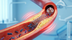 Bacterias de la boca viajando por el torrente sanguíneo hacia el corazón: ilustración de aterosclerosis causada por infección dental.