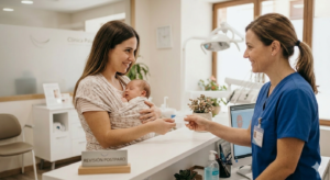 Madre y bebé en revisión postparto en el Dentista en Calamocha