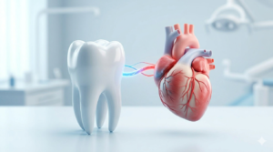 Relación entre salud bucal y corazón: ilustración médica de un diente sano conectado al sistema cardiovascular en Clínica Palacios Cipoletti. Clinica dental en Calamocha