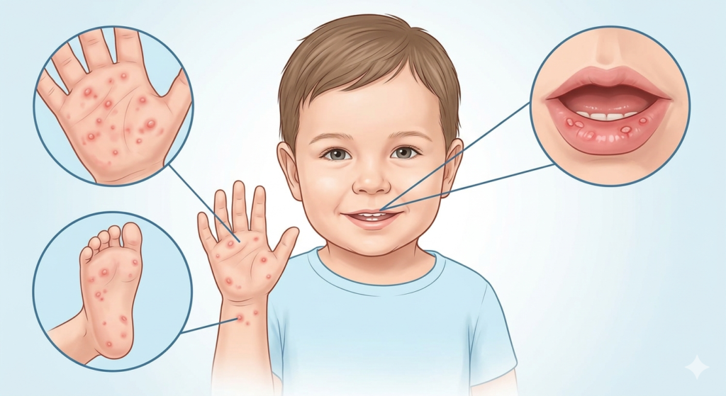nfografía visual mostrando las zonas afectadas por el virus mano-pie-boca en manos, pies y boca de un niño.
